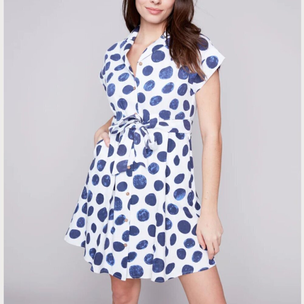 Charlie B linen mini dress Extra Small blue white polka dot A-line preppy